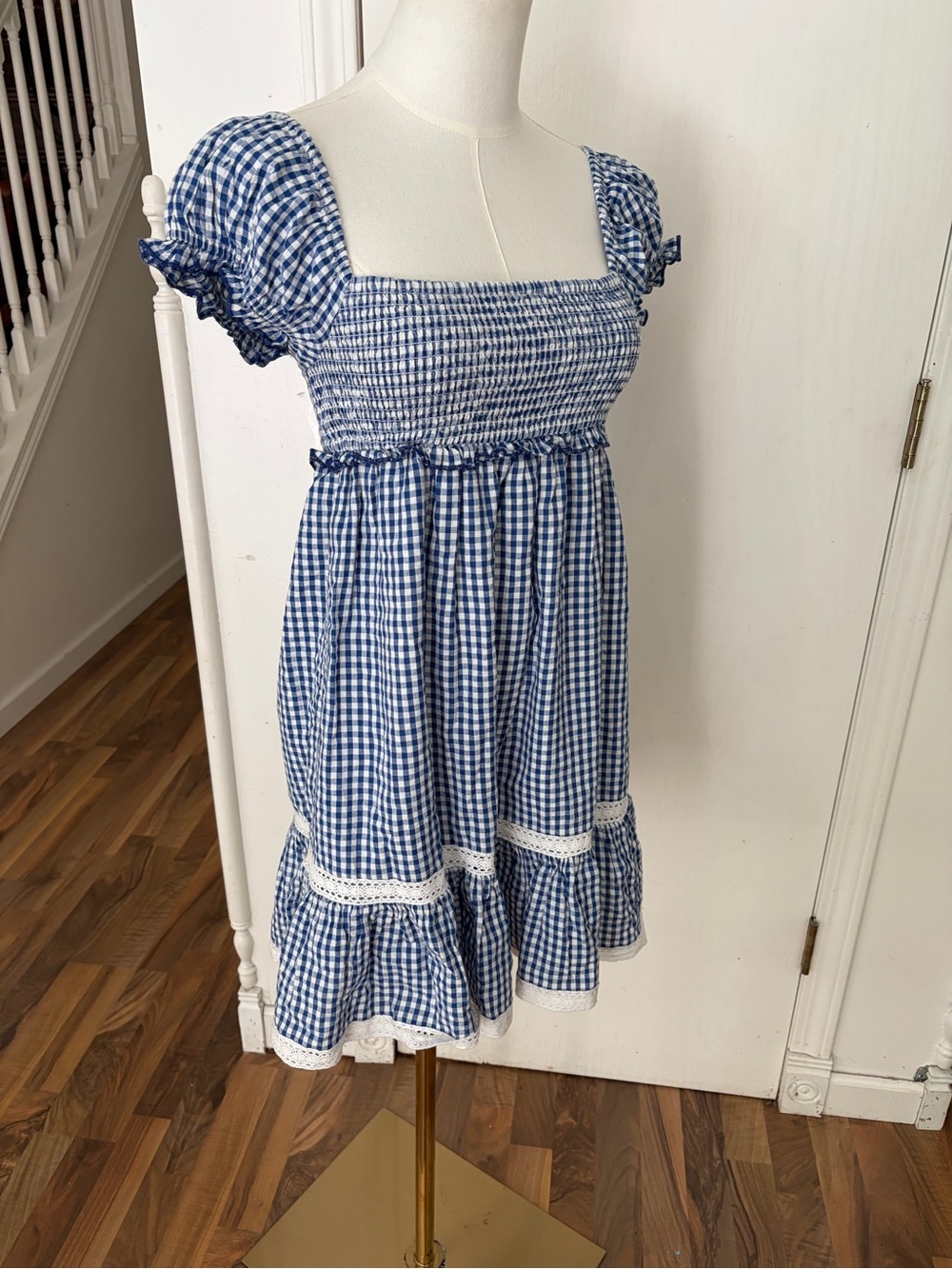 Urban Outfitters Blue & White Puff Sleeve Gingham Smocked Sundress, XS